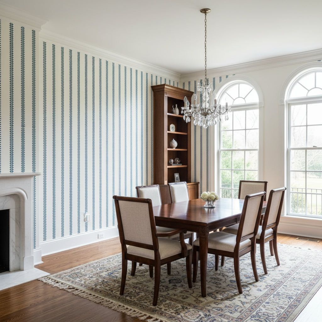 Reno Stripe Teal | Thibaut Wallcoverings - Dining Room Visualization (AI-generated, may not be to scale. Verify pattern scale with product specifications.)