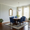 Reno Stripe Navy | Thibaut Wallcoverings - Dining Room Visualization (AI-generated, may not be to scale. Verify pattern scale with product specifications.)