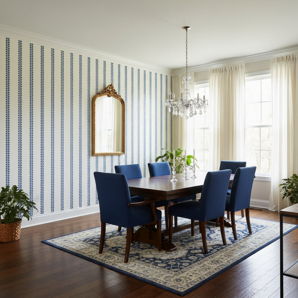 Reno Stripe Navy | Thibaut Wallcoverings - Dining Room Visualization (AI-generated, may not be to scale. Verify pattern scale with product specifications.)