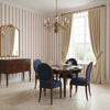 Reno Stripe Coral | Thibaut Wallcoverings - Dining Room Visualization (AI-generated, may not be to scale. Verify pattern scale with product specifications.)