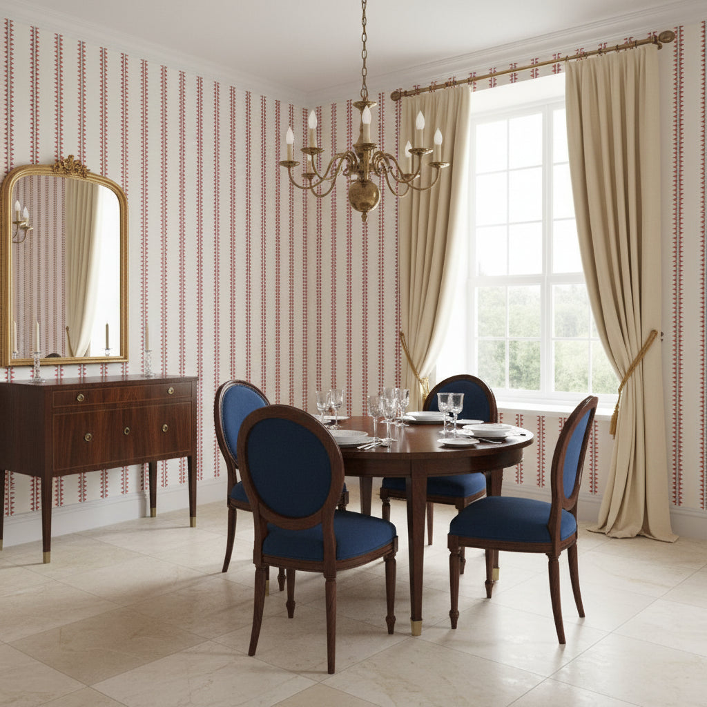 Reno Stripe Coral | Thibaut Wallcoverings - Dining Room Visualization (AI-generated, may not be to scale. Verify pattern scale with product specifications.)