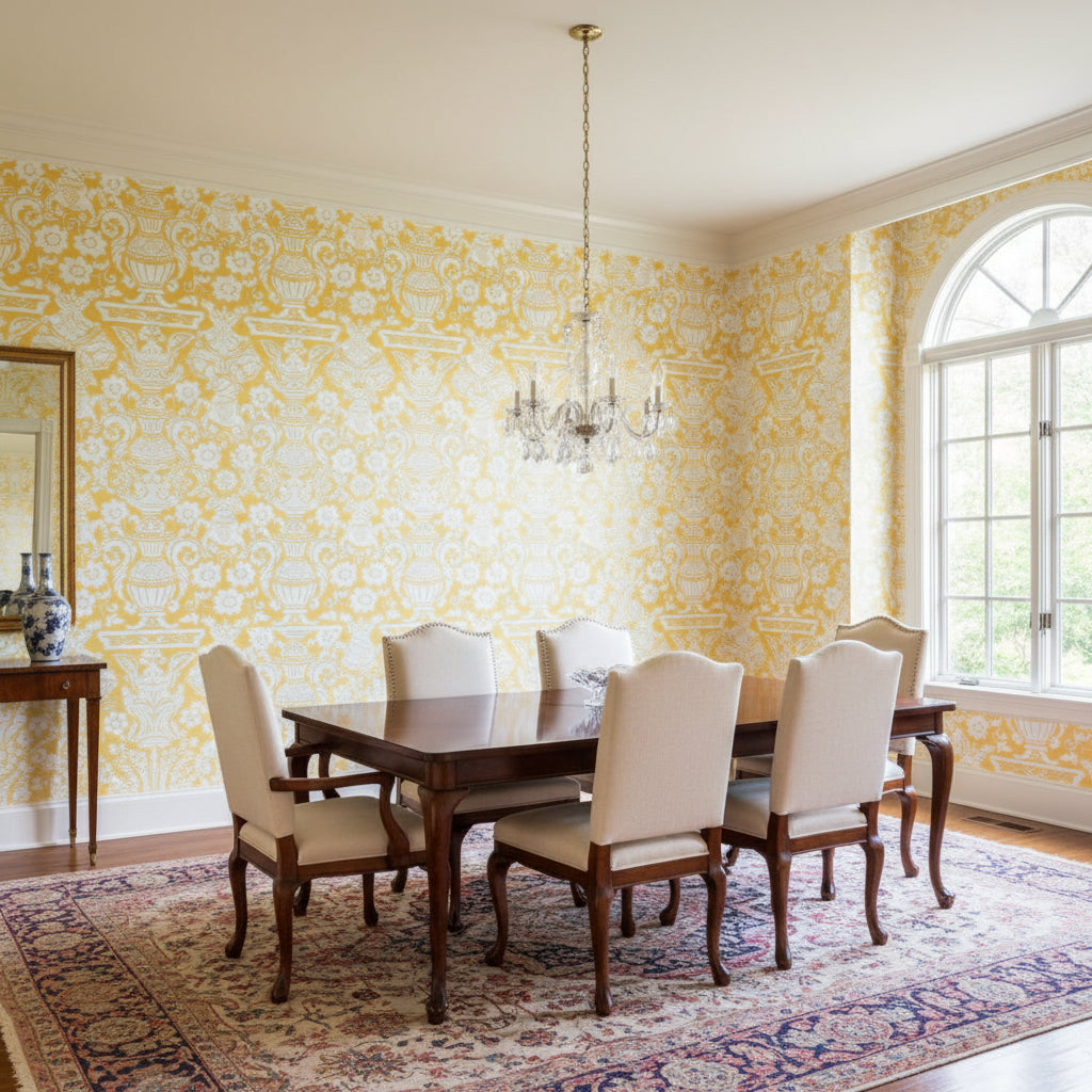 Galway Yellow | Thibaut Wallcoverings - Dining Room Visualization (AI-generated, may not be to scale. Verify pattern scale with product specifications.)
