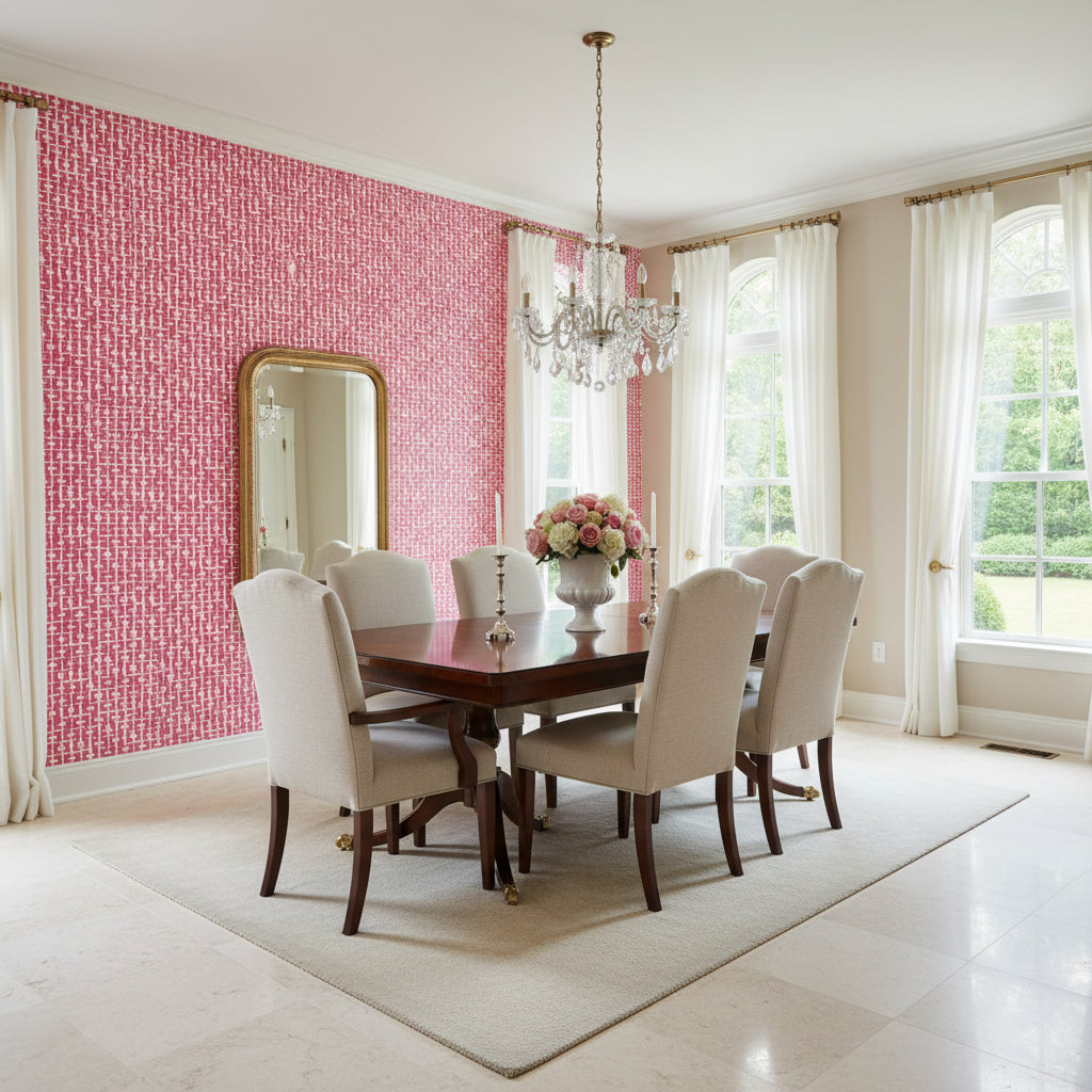 Haven Pink | Thibaut Wallcoverings - Dining Room Visualization (AI-generated, may not be to scale. Verify pattern scale with product specifications.)