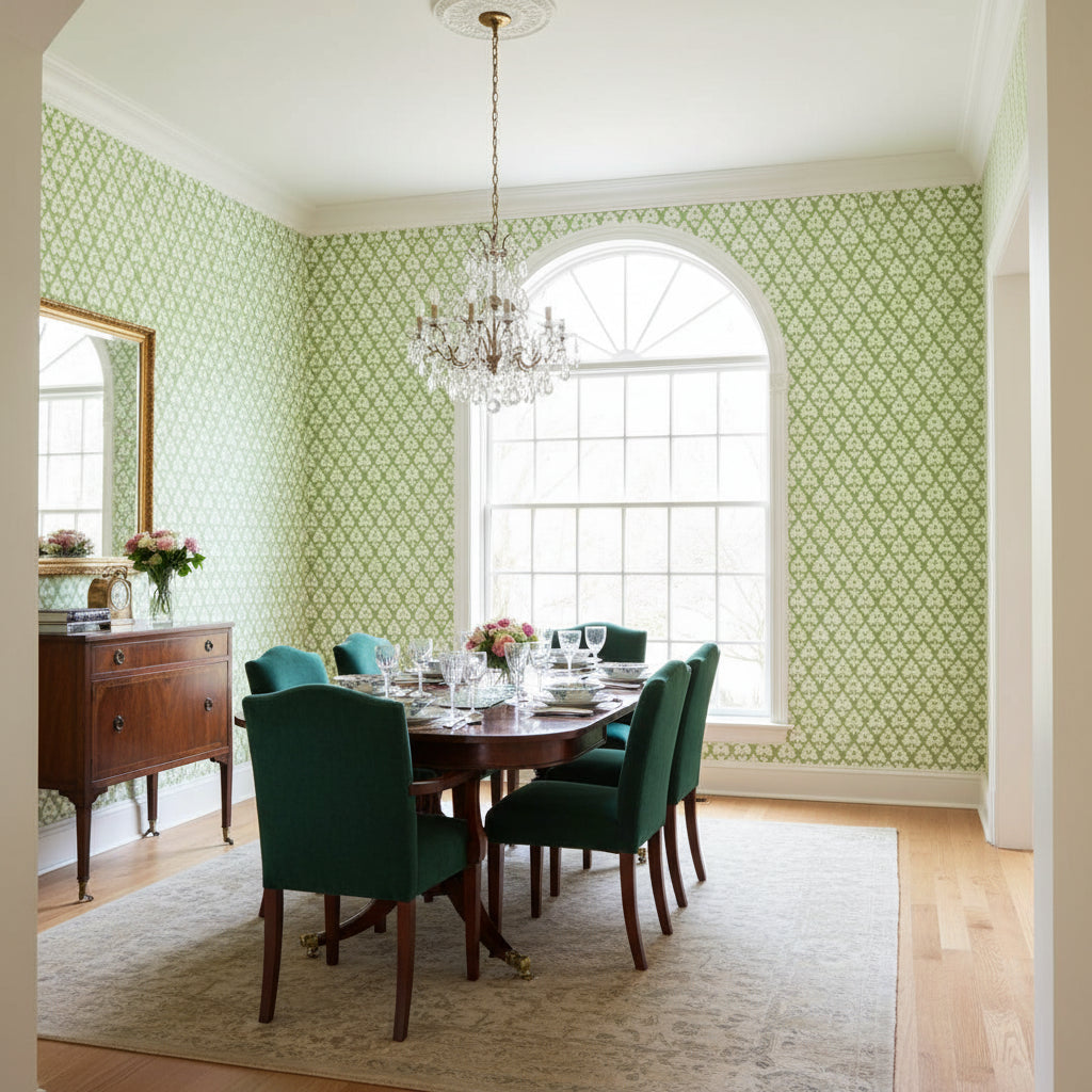 Arboreta Green | Thibaut Wallcoverings - Dining Room Visualization (AI-generated, may not be to scale. Verify pattern scale with product specifications.)