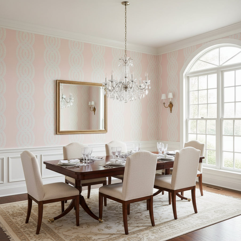 Braid Blush | Thibaut Wallcoverings - Dining Room Visualization (AI-generated, may not be to scale. Verify pattern scale with product specifications.)