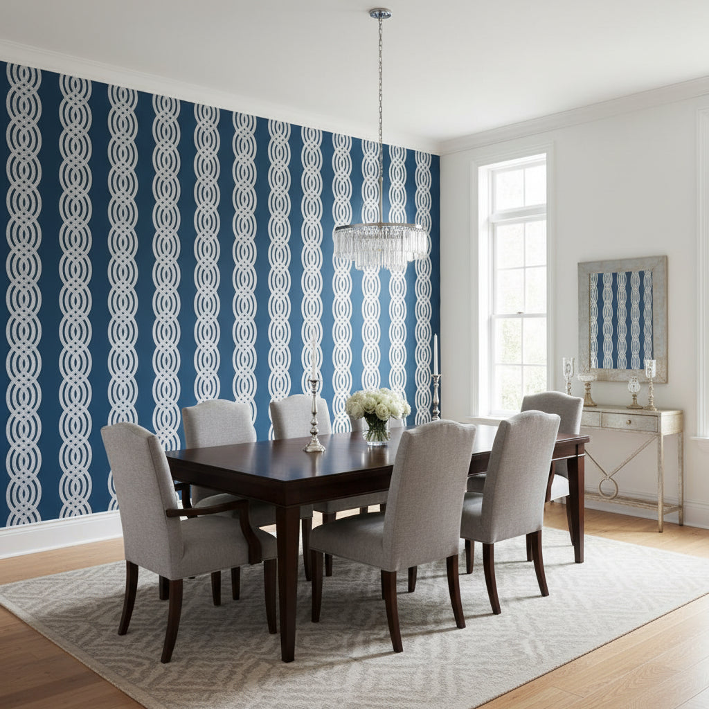 Braid Navy | Thibaut Wallcoverings - Dining Room Visualization (AI-generated, may not be to scale. Verify pattern scale with product specifications.)