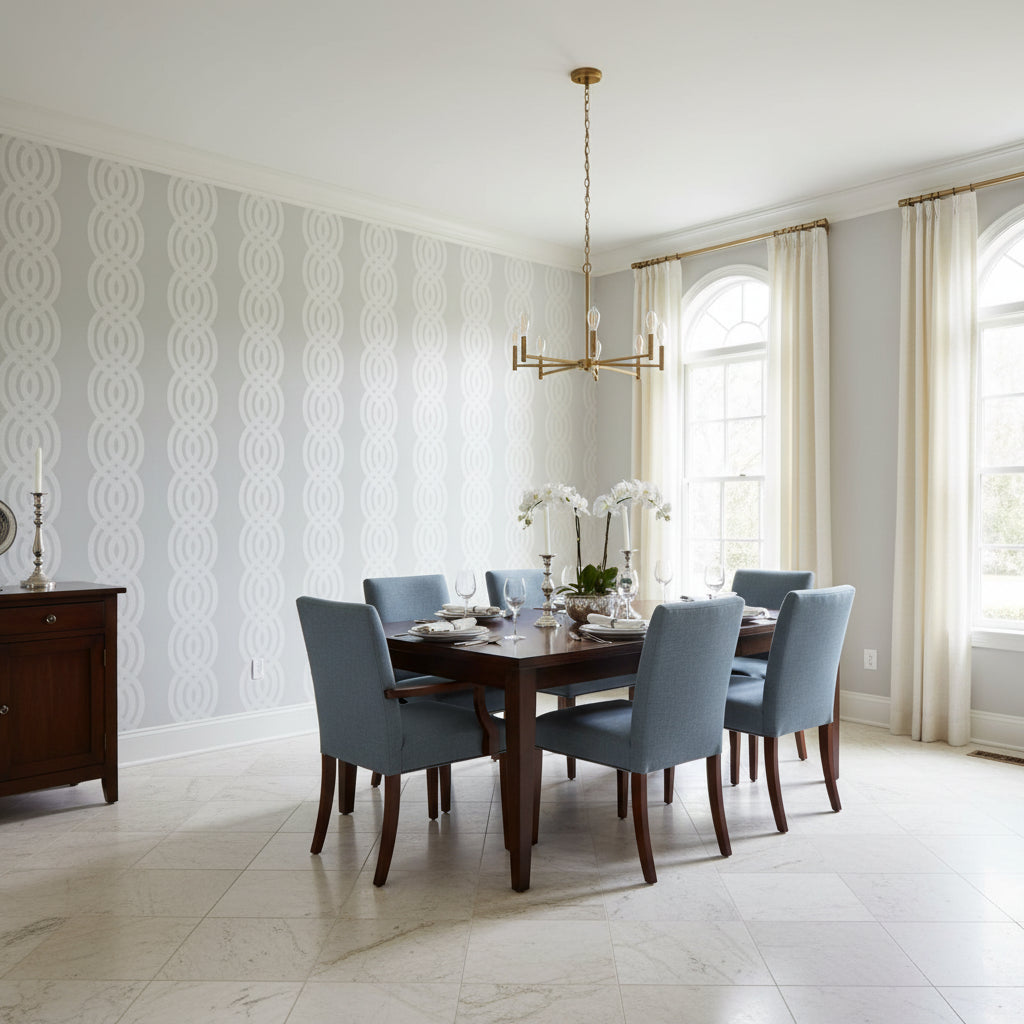 Braid Grey | Thibaut Wallcoverings - Dining Room Visualization (AI-generated, may not be to scale. Verify pattern scale with product specifications.)