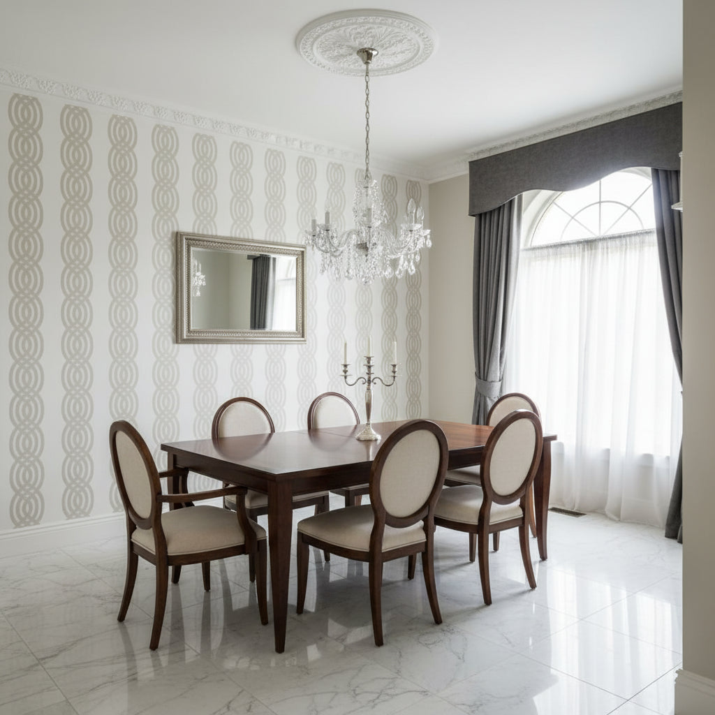 Braid Cream | Thibaut Wallcoverings - Dining Room Visualization (AI-generated, may not be to scale. Verify pattern scale with product specifications.)