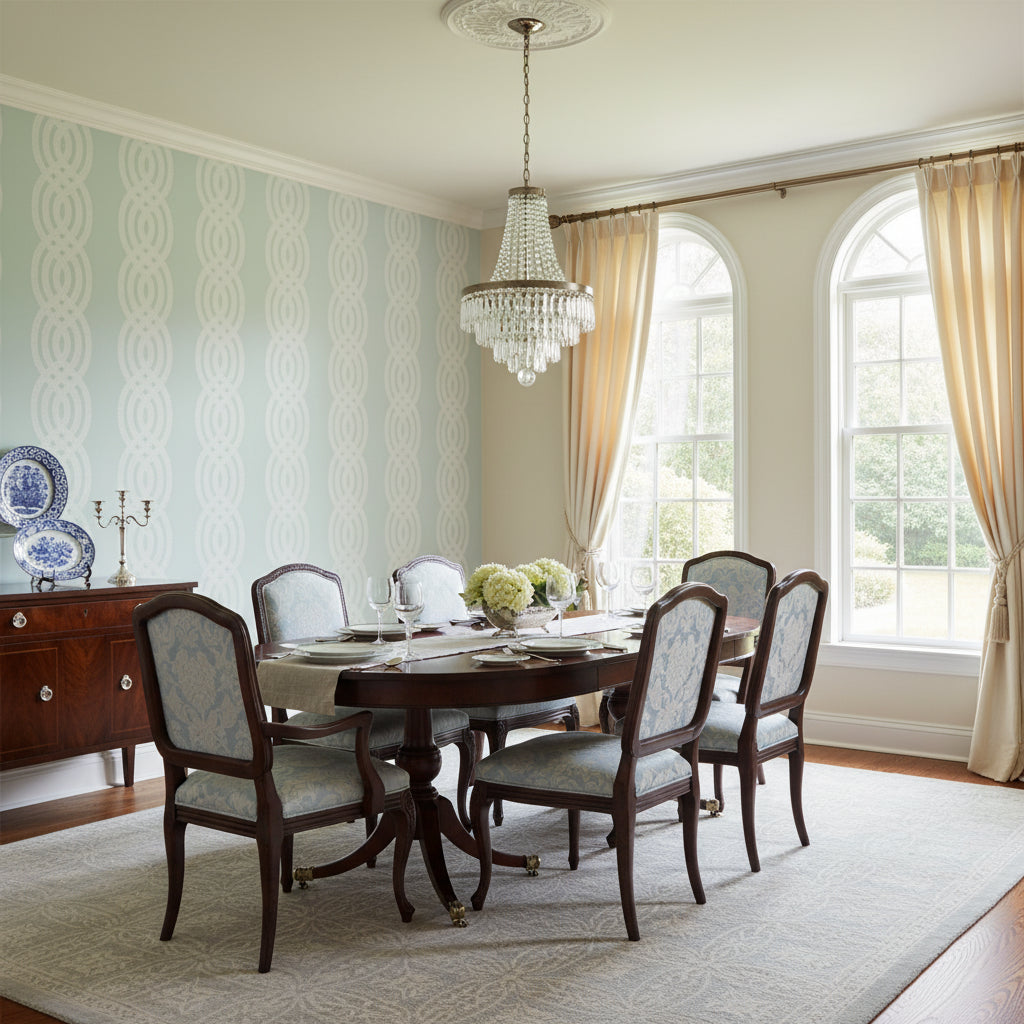 Braid Robin's Egg | Thibaut Wallcoverings - Dining Room Visualization (AI-generated, may not be to scale. Verify pattern scale with product specifications.)