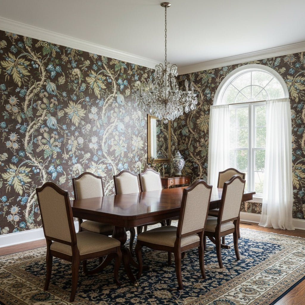 Chatelain Brown | Thibaut Wallcoverings - Dining Room Visualization (AI-generated, may not be to scale. Verify pattern scale with product specifications.)