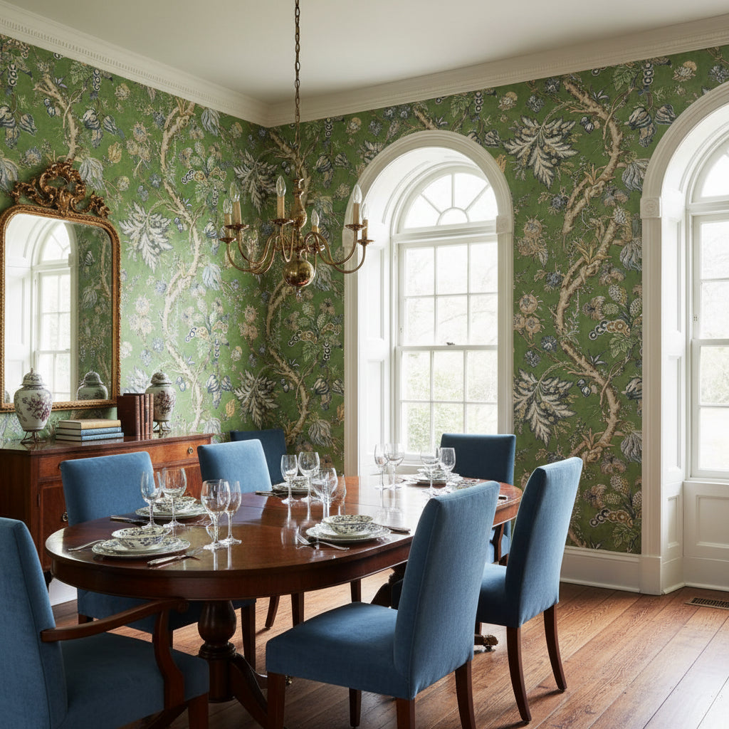 Chatelain Green | Thibaut Wallcoverings - Dining Room Visualization (AI-generated, may not be to scale. Verify pattern scale with product specifications.)
