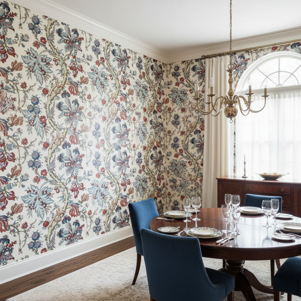 Chatelain Blue and Red | Thibaut Wallcoverings - Dining Room Visualization (AI-generated, may not be to scale. Verify pattern scale with product specifications.)