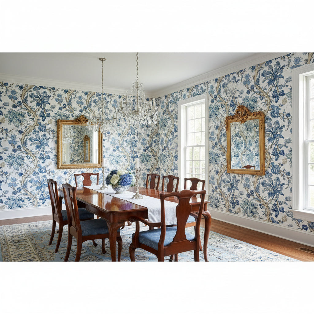 Chatelain Blue and White | Thibaut Wallcoverings - Dining Room Visualization (AI-generated, may not be to scale. Verify pattern scale with product specifications.)