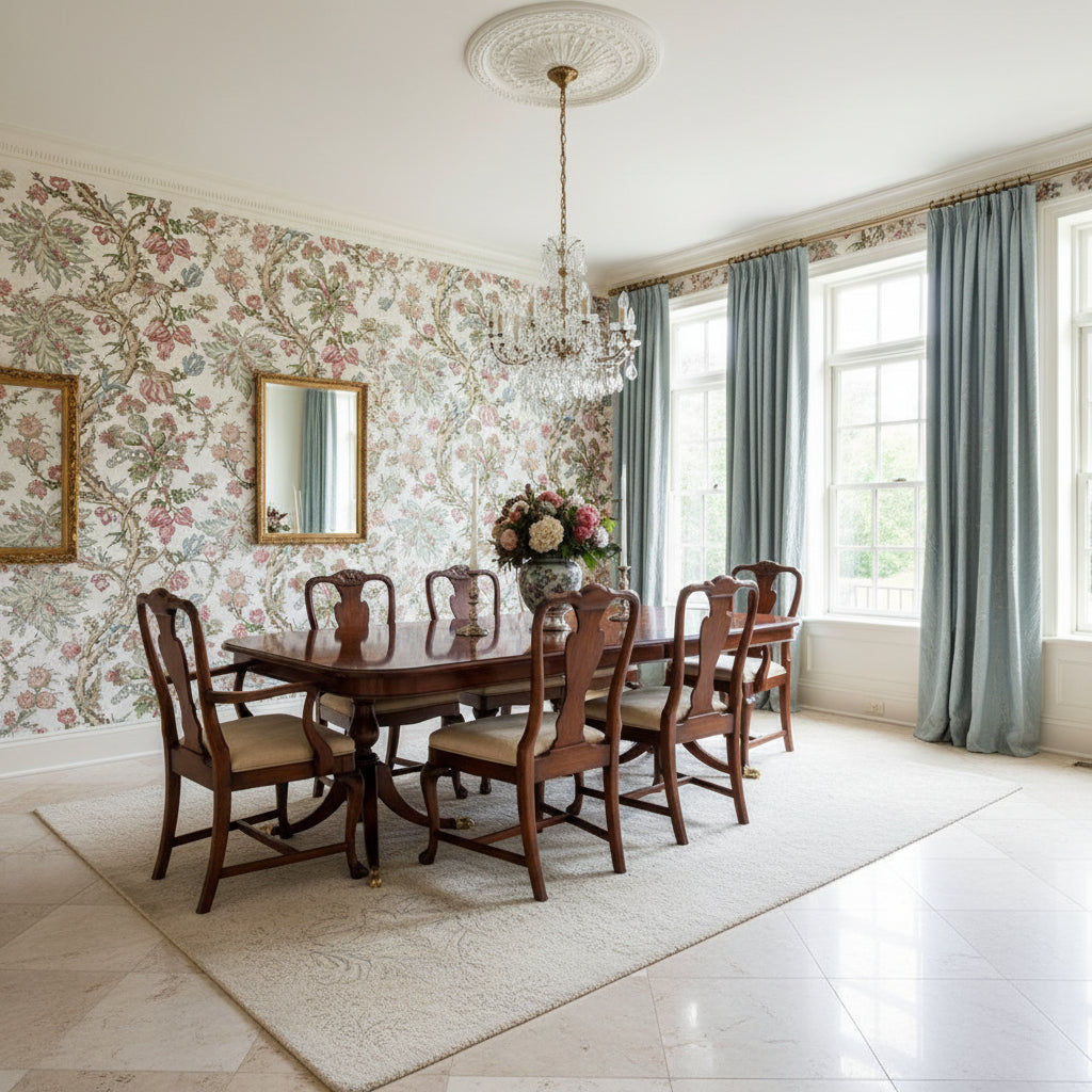 Chatelain Pink | Thibaut Wallcoverings - Dining Room Visualization (AI-generated, may not be to scale. Verify pattern scale with product specifications.)