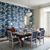 Claudette Navy | Thibaut Wallcoverings - Dining Room Visualization (AI-generated, may not be to scale. Verify pattern scale with product specifications.)