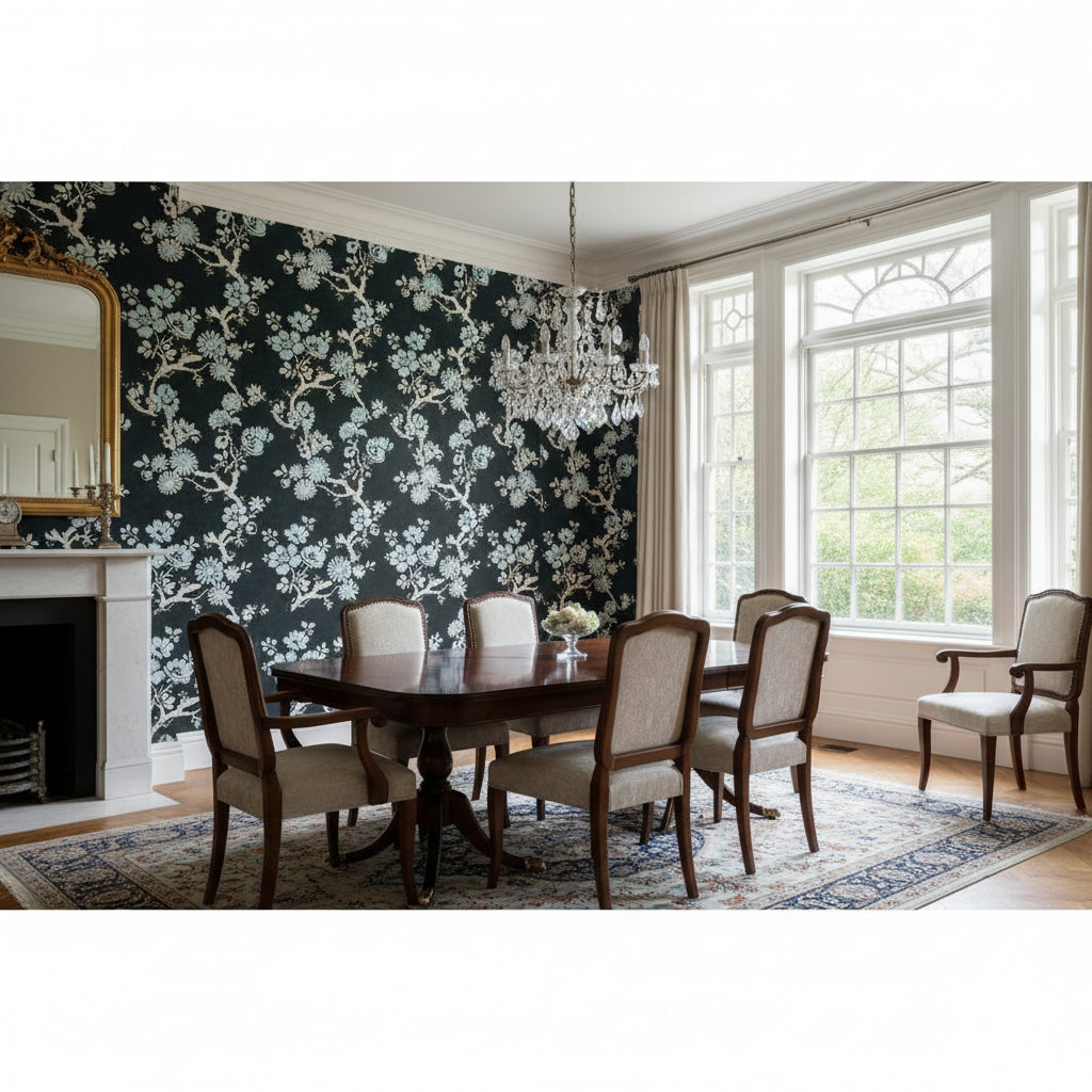 Claudette Charcoal | Thibaut Wallcoverings - Dining Room Visualization (AI-generated, may not be to scale. Verify pattern scale with product specifications.)