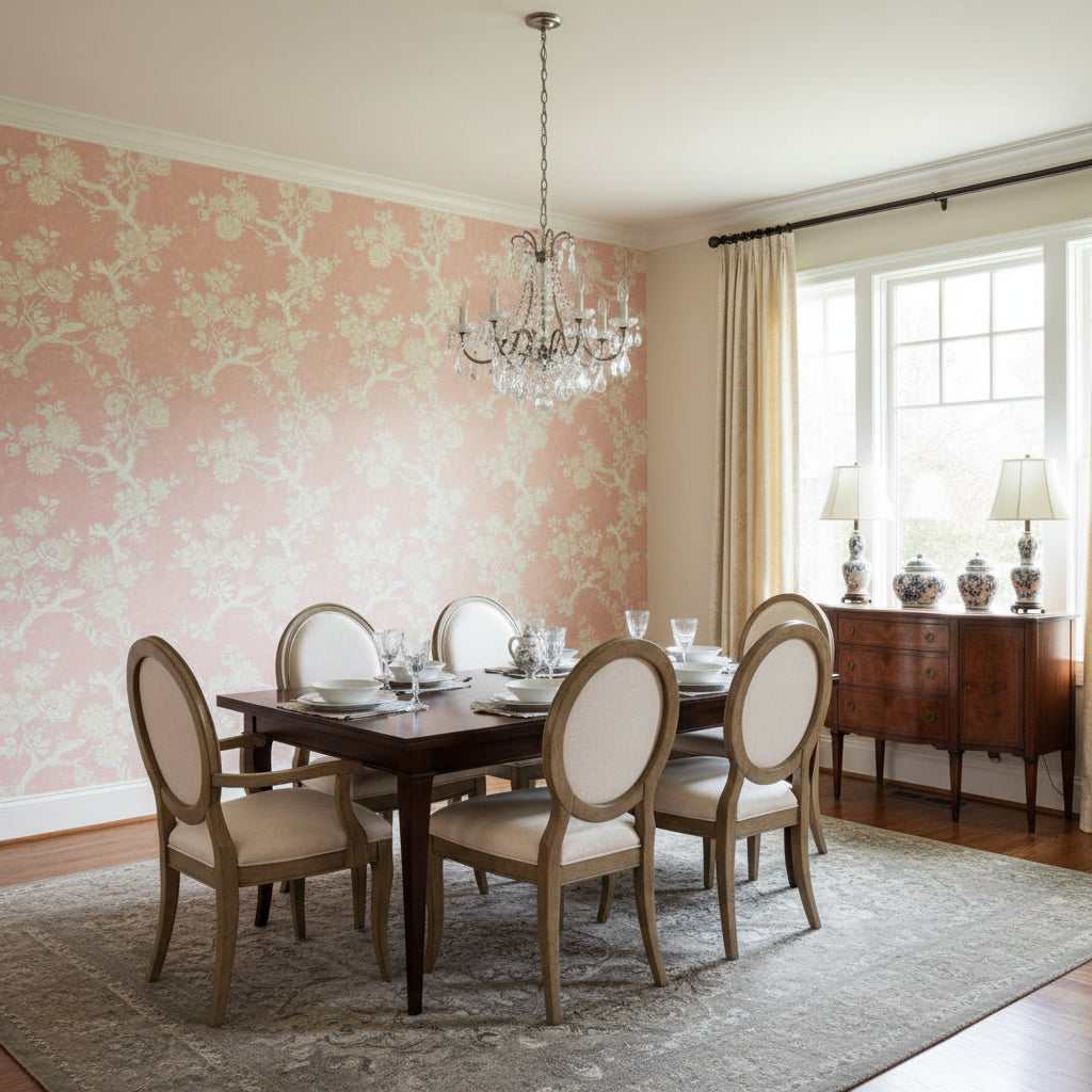 Claudette Blush | Thibaut Wallcoverings - Dining Room Visualization (AI-generated, may not be to scale. Verify pattern scale with product specifications.)