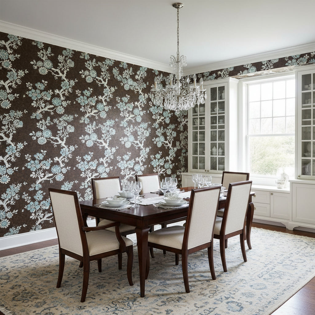 Claudette Brown | Thibaut Wallcoverings - Dining Room Visualization (AI-generated, may not be to scale. Verify pattern scale with product specifications.)