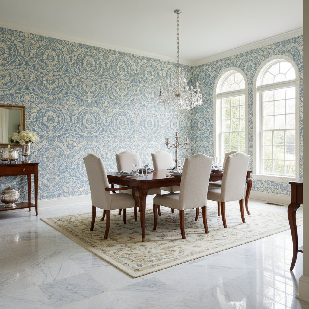 Earl Damask Blue | Thibaut Wallcoverings - Dining Room Visualization (AI-generated, may not be to scale. Verify pattern scale with product specifications.)