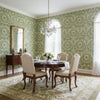 Earl Damask Green | Thibaut Wallcoverings - Dining Room Visualization (AI-generated, may not be to scale. Verify pattern scale with product specifications.)