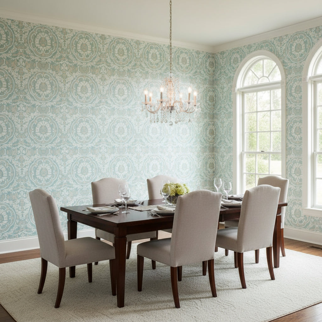 Earl Damask Robin's Egg | Thibaut Wallcoverings - Dining Room Visualization (AI-generated, may not be to scale. Verify pattern scale with product specifications.)