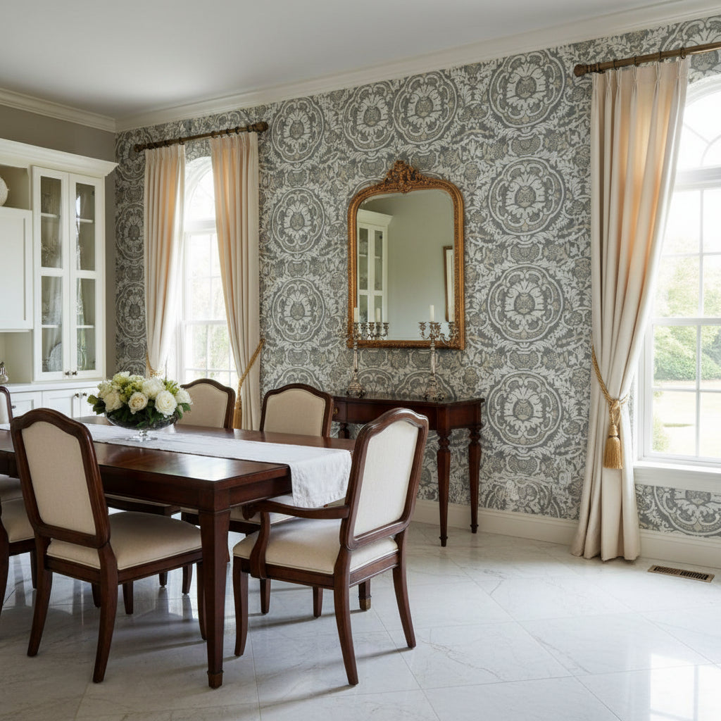 Earl Damask Charcoal | Thibaut Wallcoverings - Dining Room Visualization (AI-generated, may not be to scale. Verify pattern scale with product specifications.)