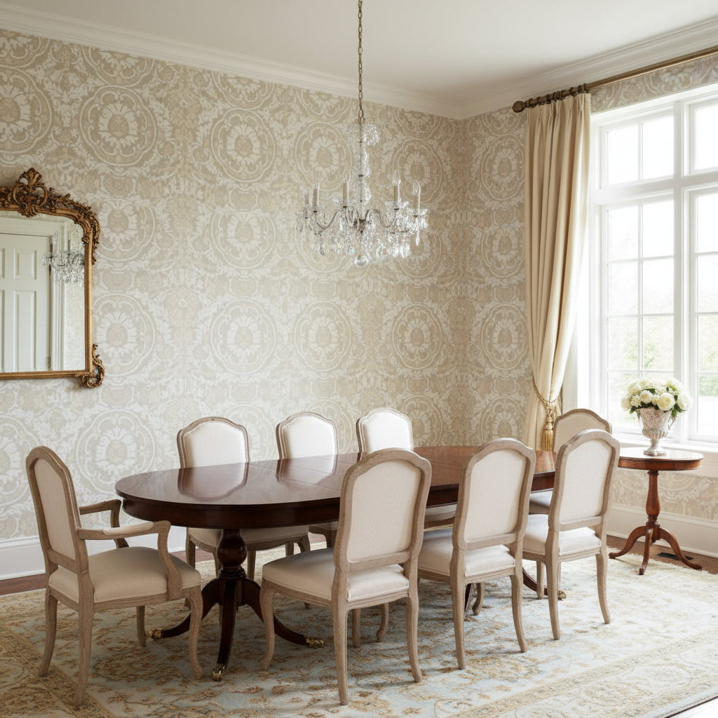 Earl Damask Flax | Thibaut Wallcoverings - Dining Room Visualization (AI-generated, may not be to scale. Verify pattern scale with product specifications.)