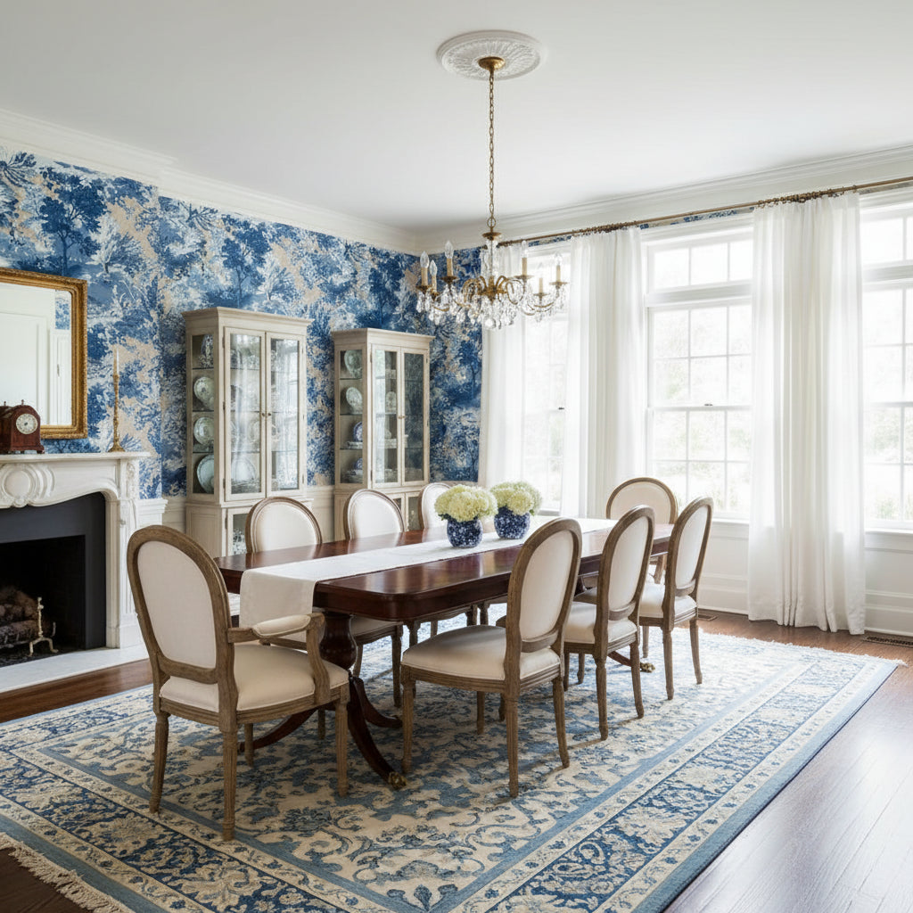 Lincoln Toile Blue and Flax | Thibaut Wallcoverings - Dining Room Visualization (AI-generated, may not be to scale. Verify pattern scale with product specifications.)