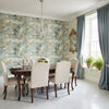Lincoln Toile Beige and Spa Blue | Thibaut Wallcoverings - Dining Room Visualization (AI-generated, may not be to scale. Verify pattern scale with product specifications.)