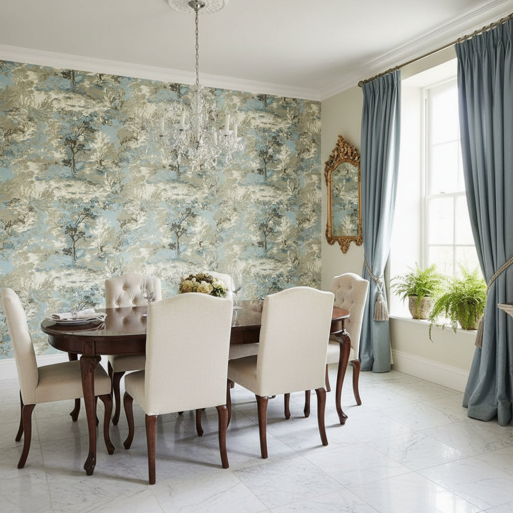 Lincoln Toile Beige and Spa Blue | Thibaut Wallcoverings - Dining Room Visualization (AI-generated, may not be to scale. Verify pattern scale with product specifications.)