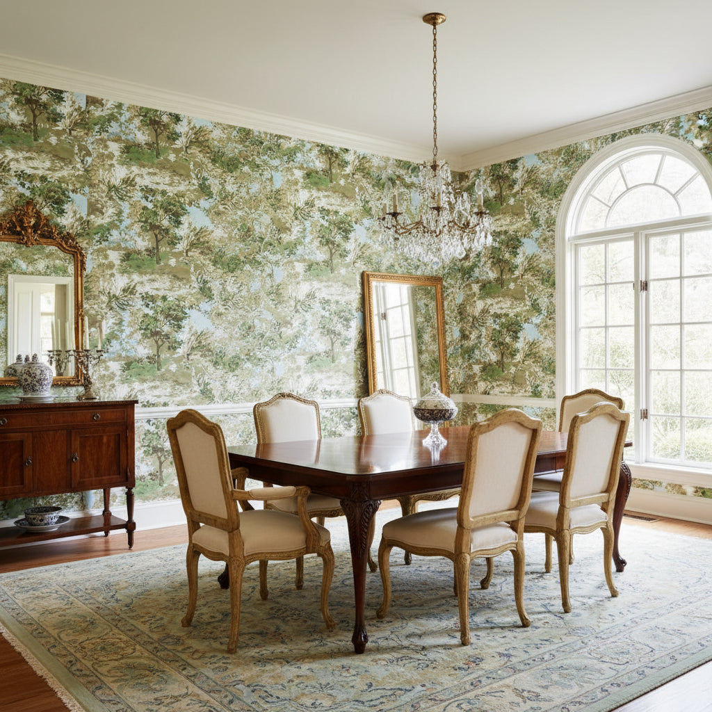 Lincoln Toile Green and Beige | Thibaut Wallcoverings - Dining Room Visualization (AI-generated, may not be to scale. Verify pattern scale with product specifications.)