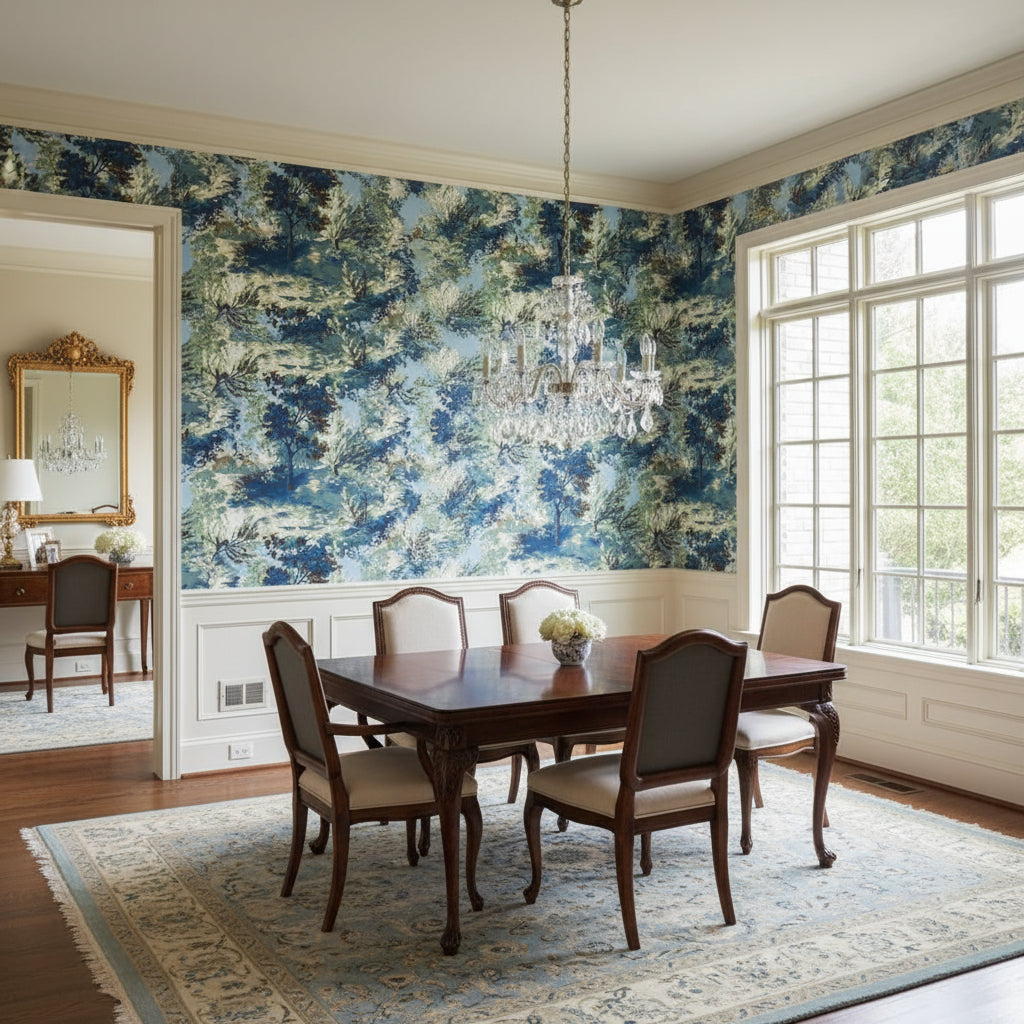 Lincoln Toile Navy and Teal | Thibaut Wallcoverings - Dining Room Visualization (AI-generated, may not be to scale. Verify pattern scale with product specifications.)