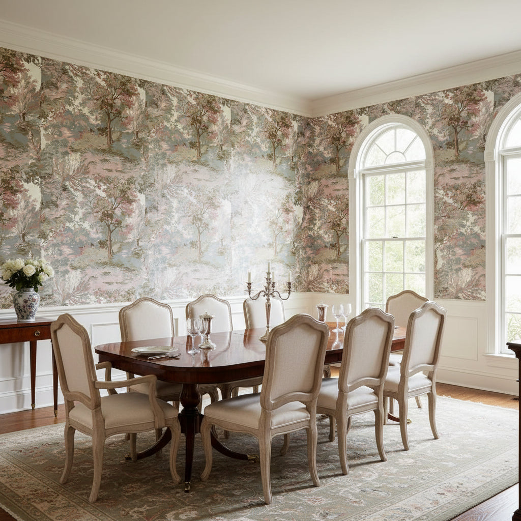 Lincoln Toile Blush | Thibaut Wallcoverings - Dining Room Visualization (AI-generated, may not be to scale. Verify pattern scale with product specifications.)