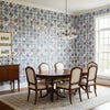 Persian Carpet Blue and White | Thibaut Wallcoverings - Dining Room Visualization (AI-generated, may not be to scale. Verify pattern scale with product specifications.)