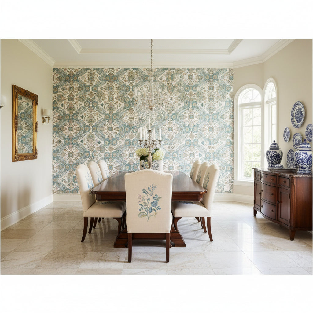Persian Carpet Spa Blue | Thibaut Wallcoverings - Dining Room Visualization (AI-generated, may not be to scale. Verify pattern scale with product specifications.)