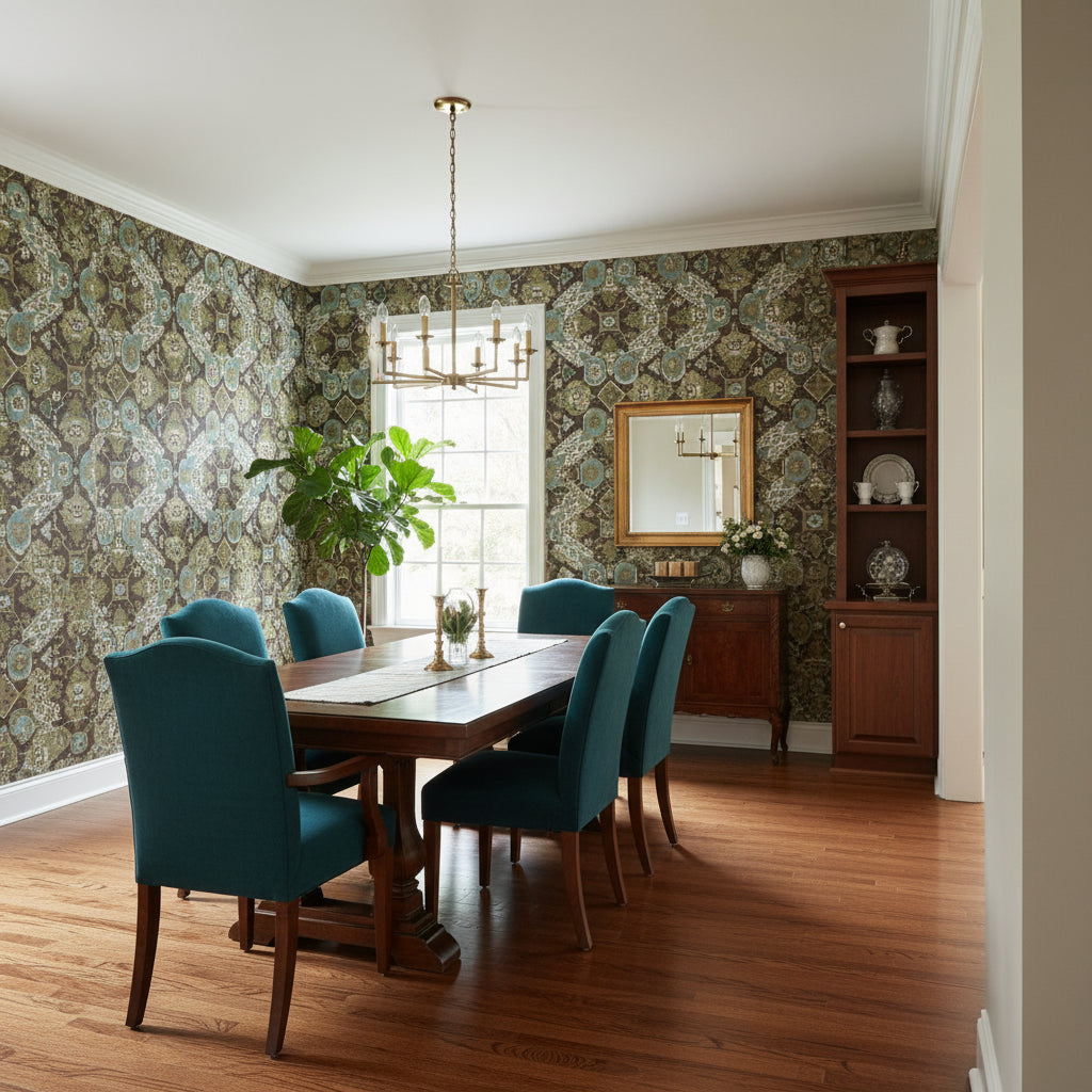 Persian Carpet Brown | Thibaut Wallcoverings - Dining Room Visualization (AI-generated, may not be to scale. Verify pattern scale with product specifications.)