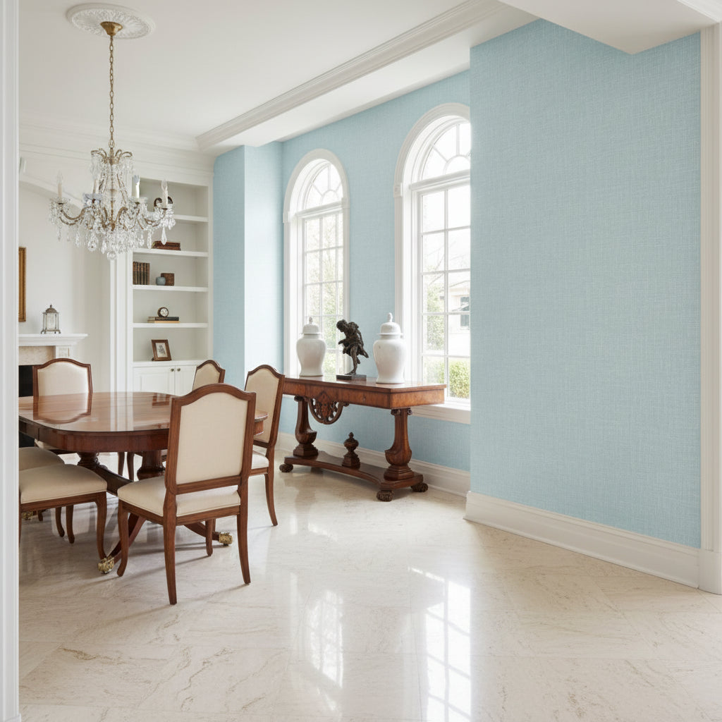 Arthur's Tweed Spa Blue | Thibaut Wallcoverings - Dining Room Visualization (AI-generated, may not be to scale. Verify pattern scale with product specifications.)