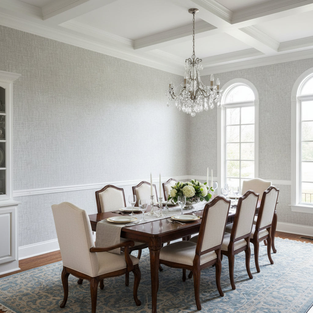 Arthur's Tweed Grey | Thibaut Wallcoverings - Dining Room Visualization (AI-generated, may not be to scale. Verify pattern scale with product specifications.)