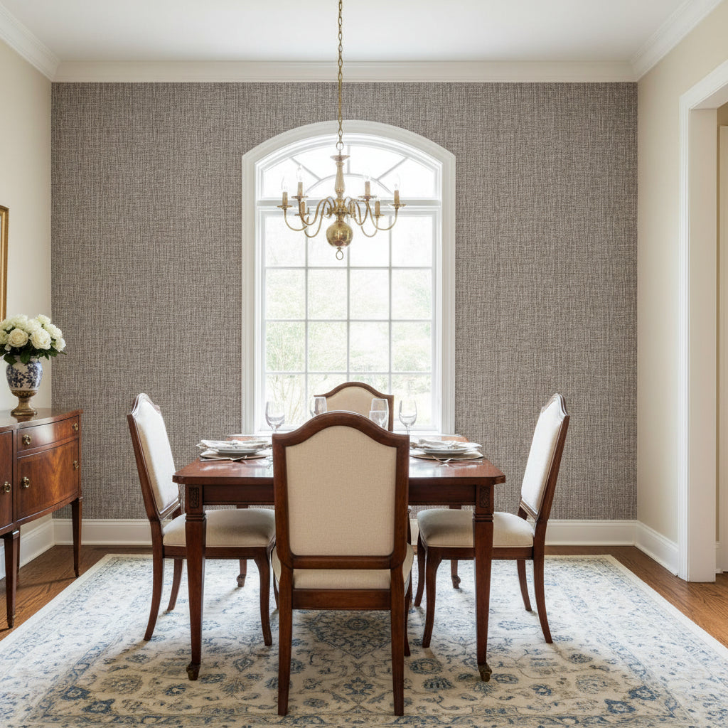 Arthur's Tweed Brown | Thibaut Wallcoverings - Dining Room Visualization (AI-generated, may not be to scale. Verify pattern scale with product specifications.)
