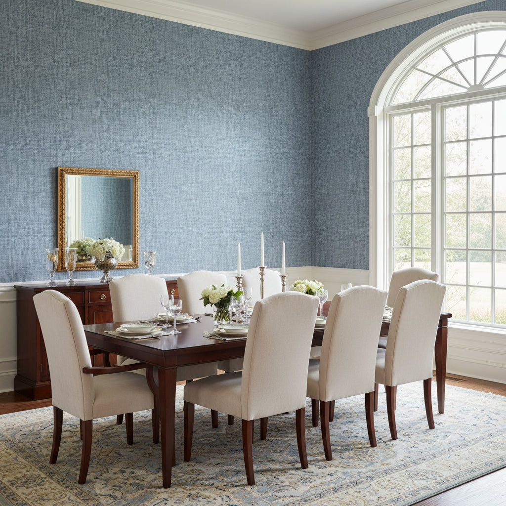 Arthur's Tweed Navy | Thibaut Wallcoverings - Dining Room Visualization (AI-generated, may not be to scale. Verify pattern scale with product specifications.)