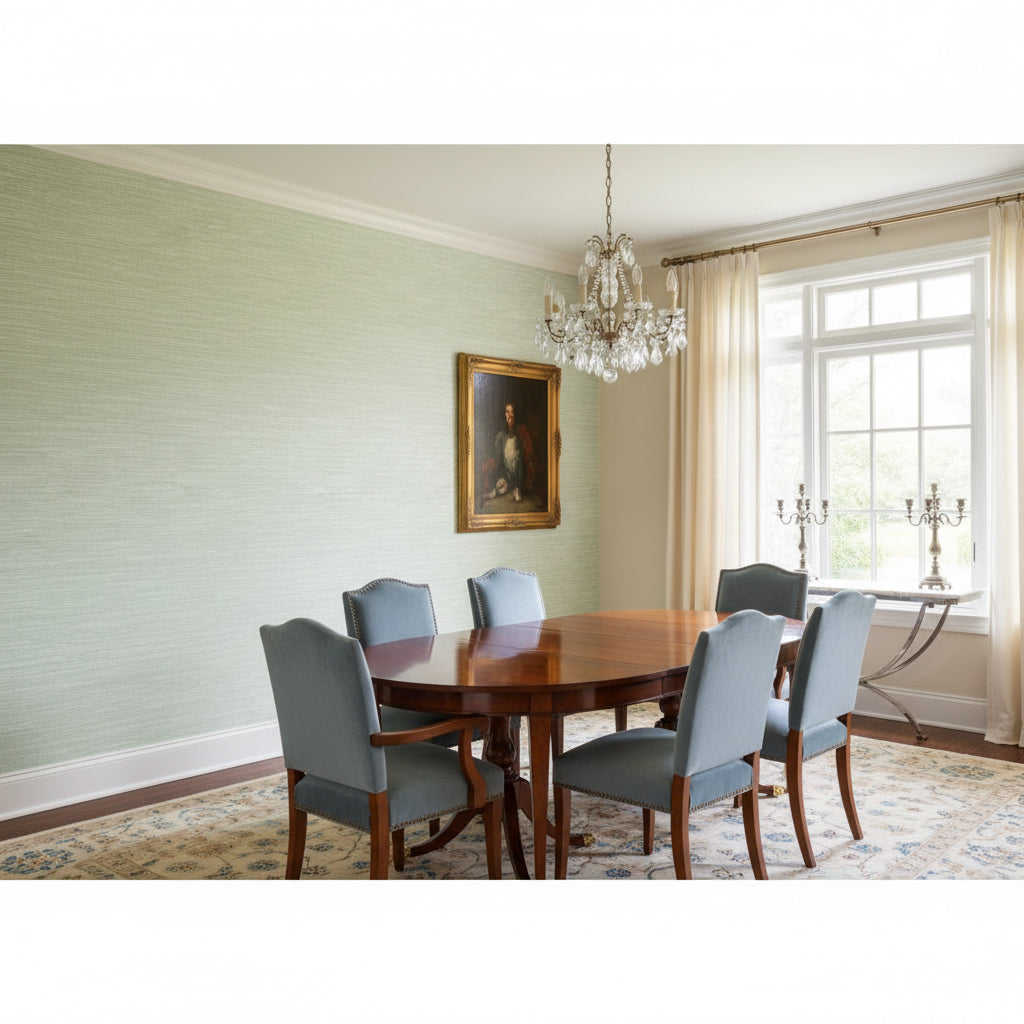 Cape May Weave Sage | Thibaut Wallcoverings - Dining Room Visualization (AI-generated, may not be to scale. Verify pattern scale with product specifications.)