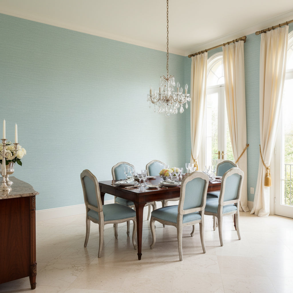 Cape May Weave Yarmouth Blue | Thibaut Wallcoverings - Dining Room Visualization (AI-generated, may not be to scale. Verify pattern scale with product specifications.)