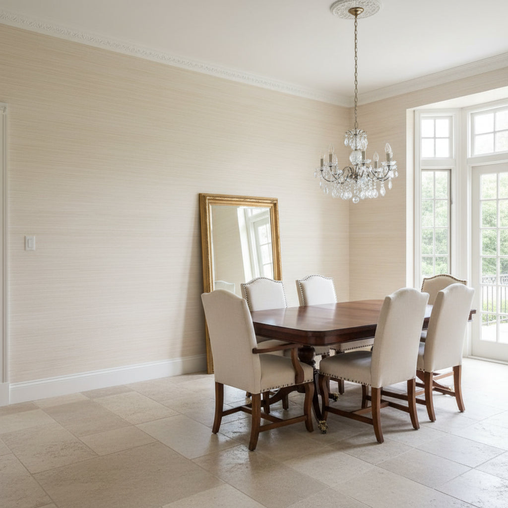 Cape May Weave Blush | Thibaut Wallcoverings - Dining Room Visualization (AI-generated, may not be to scale. Verify pattern scale with product specifications.)