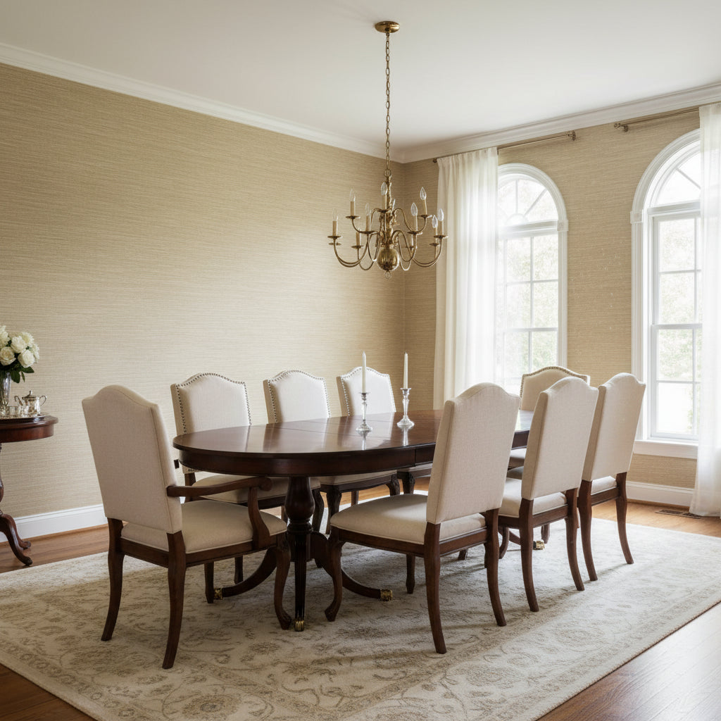 Cape May Weave Brown | Thibaut Wallcoverings - Dining Room Visualization (AI-generated, may not be to scale. Verify pattern scale with product specifications.)