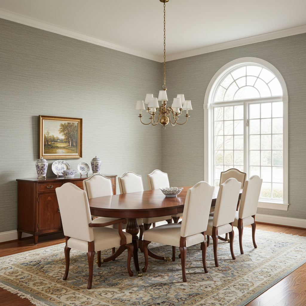 Cape May Weave Smoky Grey | Thibaut Wallcoverings - Dining Room Visualization (AI-generated, may not be to scale. Verify pattern scale with product specifications.)