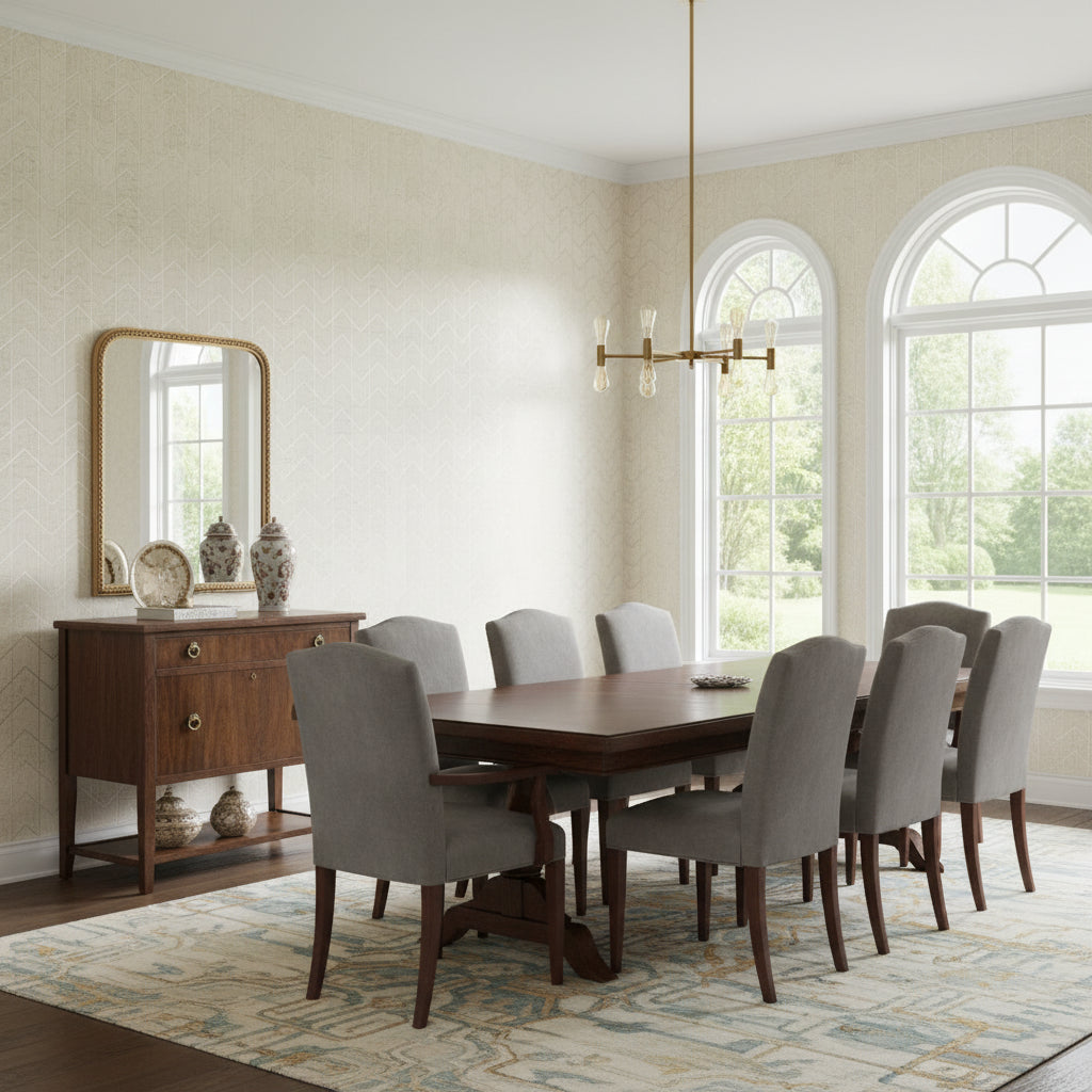 Cordoza Weave Light Grey | Thibaut Wallcoverings - Dining Room Visualization (AI-generated, may not be to scale. Verify pattern scale with product specifications.)