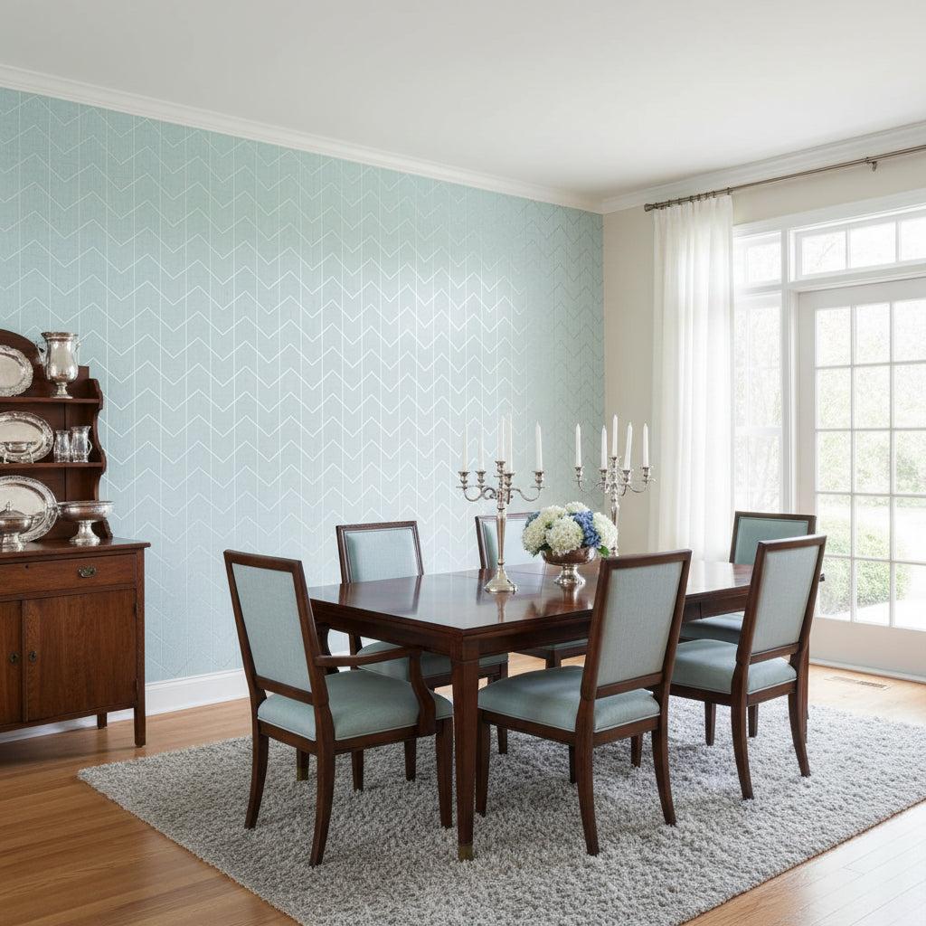 Cordoza Weave Spa Blue and Silver | Thibaut Wallcoverings - Dining Room Visualization (AI-generated, may not be to scale. Verify pattern scale with product specifications.)