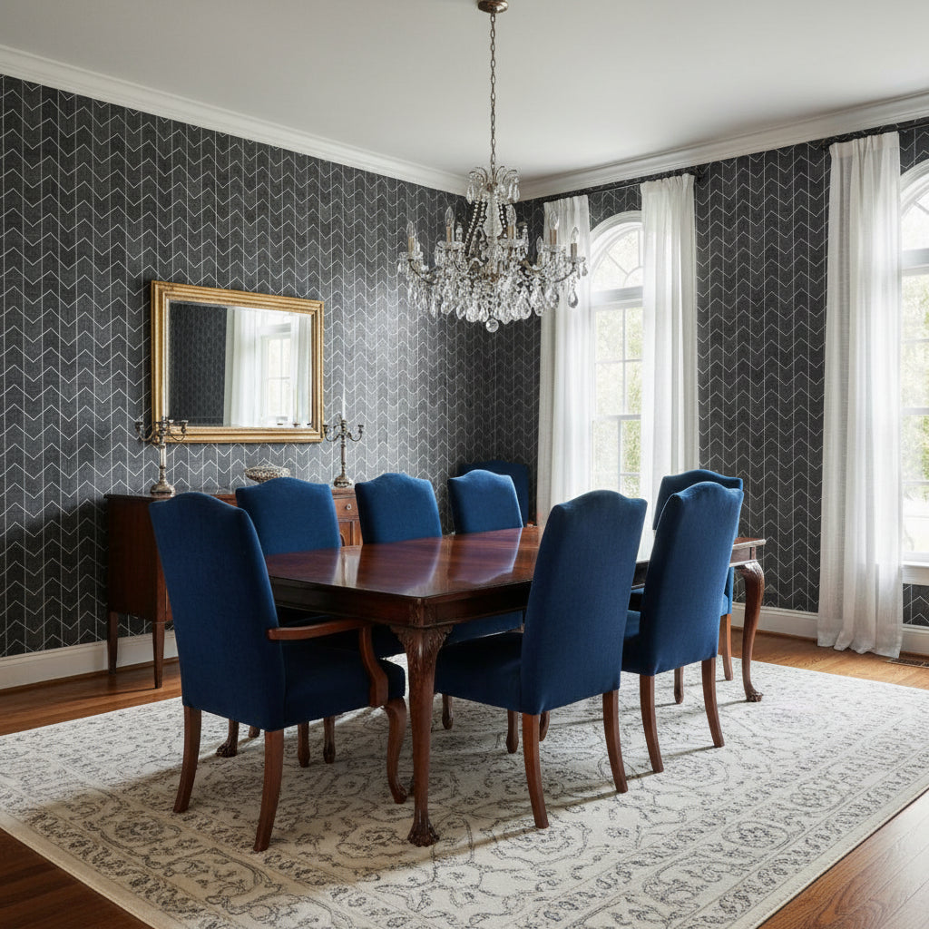 Cordoza Weave Charcoal | Thibaut Wallcoverings - Dining Room Visualization (AI-generated, may not be to scale. Verify pattern scale with product specifications.)