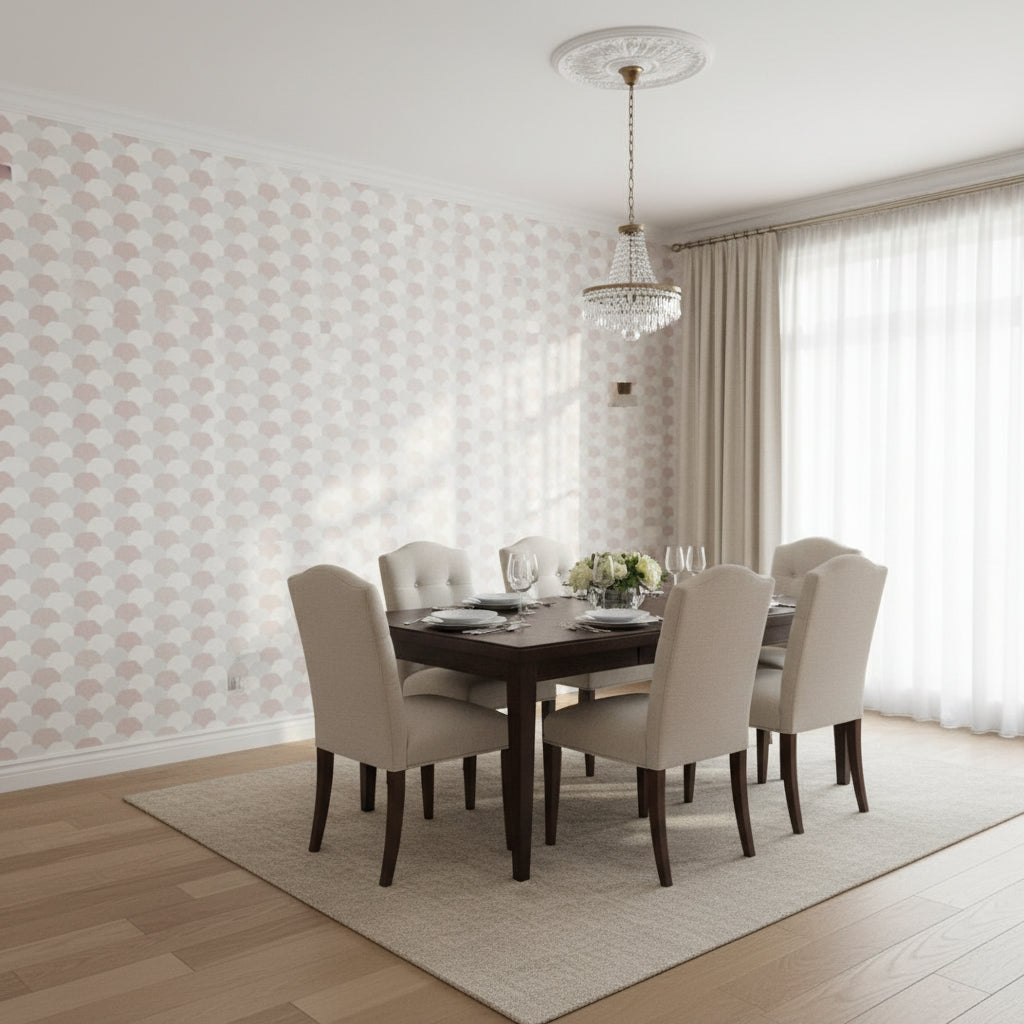 Hidden Hills Blush | Thibaut Wallcoverings - Dining Room Visualization (AI-generated, may not be to scale. Verify pattern scale with product specifications.)