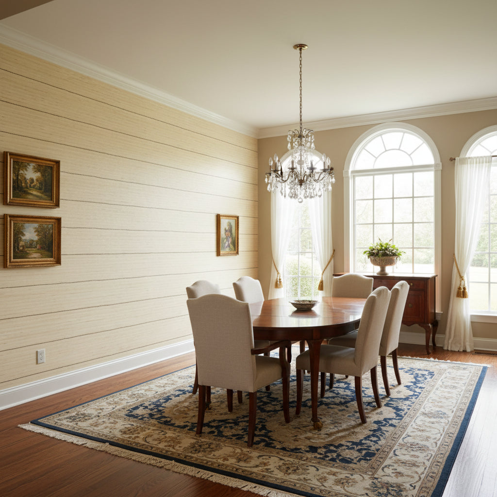 Navajo Natural | Thibaut Wallcoverings - Dining Room Visualization (AI-generated, may not be to scale. Verify pattern scale with product specifications.)